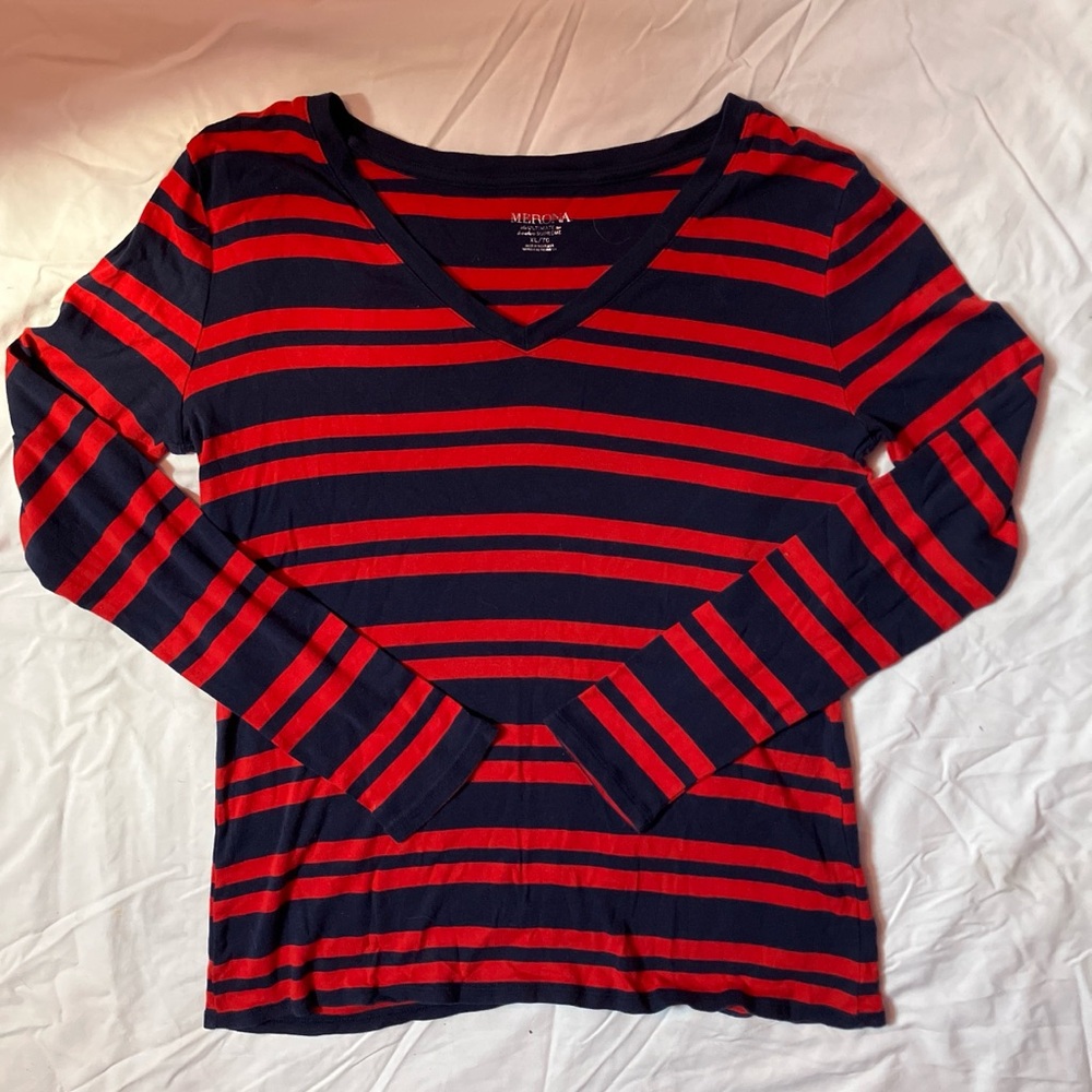 Merona Red and Navy Striped Long Sleeve Top